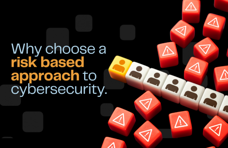 Visual concept showing a yellow user icon standing out from a row of identical figures, surrounded by red alert cubes. Accompanied by the text: 'Why choose a risk-based approach to cybersecurity.' Represents targeted cybersecurity strategy amidst widespread threats