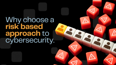 Visual concept showing a yellow user icon standing out from a row of identical figures, surrounded by red alert cubes. Accompanied by the text: 'Why choose a risk-based approach to cybersecurity.' Represents targeted cybersecurity strategy amidst widespread threats